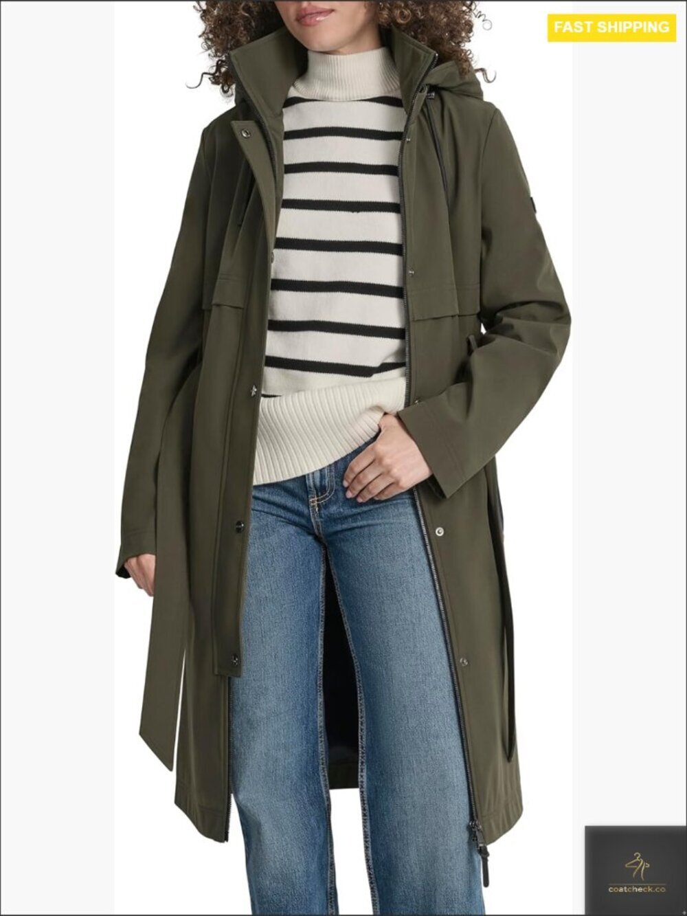 Long Hooded Trench Coat Water-Resistant Lightweight Belted Faux Leather Trim